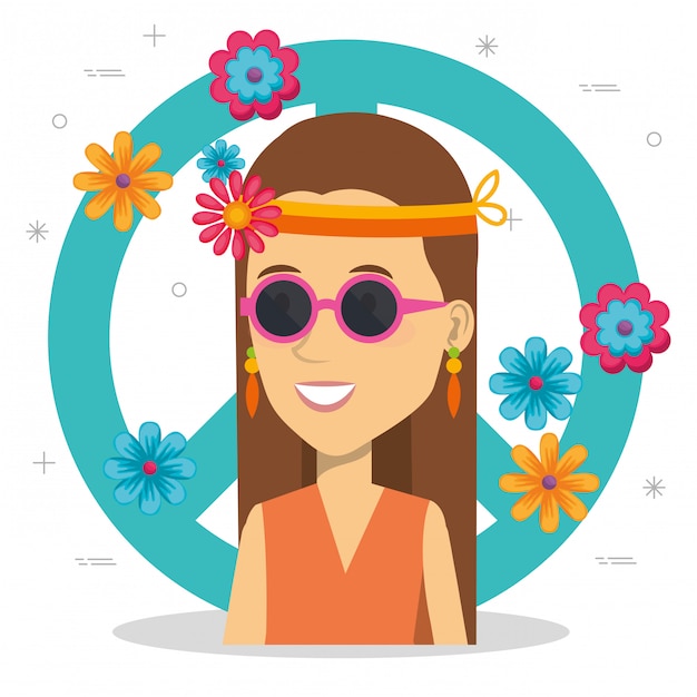 Mujer hippie con signo de la paz y flores