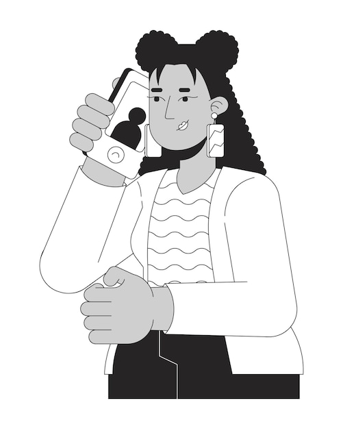 Mujer hispana de cabello rizado llamada de teléfono móvil personaje de línea 2D en blanco y negro