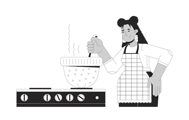 Mujer hispana cocinando cena en sombrero personaje de dibujos animados en línea 2D en blanco y negro