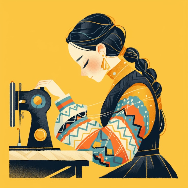 Vector mujer hispana de más de 50 años cosiendo ropa
