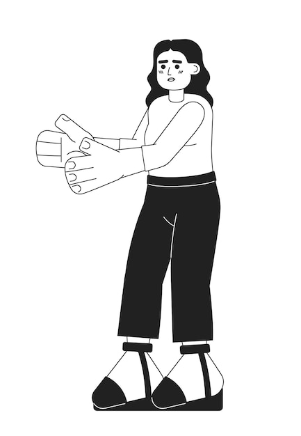 Mujer hispana de pie personaje vectorial plano monocromático Stick hand up Línea delgada editable persona de cuerpo completo en blanco Imagen de punto de dibujos animados simple bw para diseño gráfico web