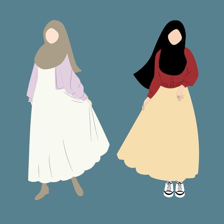 Una mujer con hiyab y una mujer con un vestido rojo.