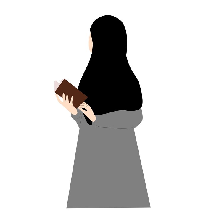 Una mujer con un hiyab y un pañuelo negro está de pie y se ve la parte posterior de la cabeza