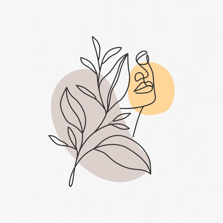 Vector mujer y hojas en estilo artístico lineal.