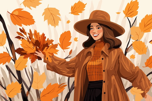 Mujer con hojas de otoño en las manos sonríe de pie con ropa informal elegante y sombrero. Una joven alegre se regocija con el inicio de la temporada de otoño y recoge hermoso follaje de los árboles.