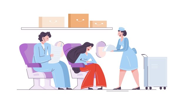 Mujer y hombre en el avión, azafata sirviendo comida para el pasajero. Idea de ocupación profesional y turística. ilustración