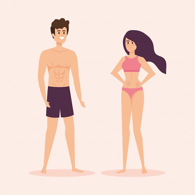 Vector mujer y hombre con bañador y bañador.