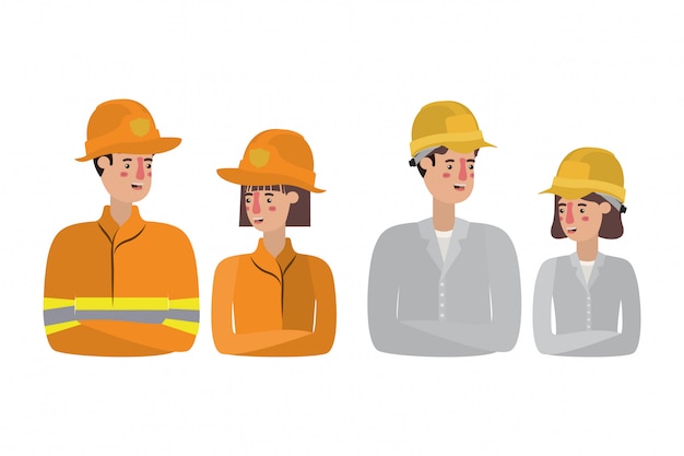 Mujer hombre bombero y constructores