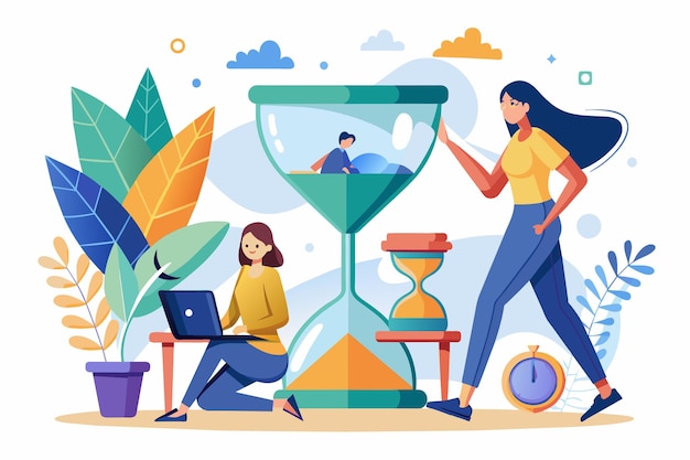 Una mujer y un hombre están trabajando en una computadora portátil juntos con un reloj de arena delante de ellos las mujeres trabajan duro para completar el trabajo en la fecha límite Ilustración vectorial plana simple y minimalista
