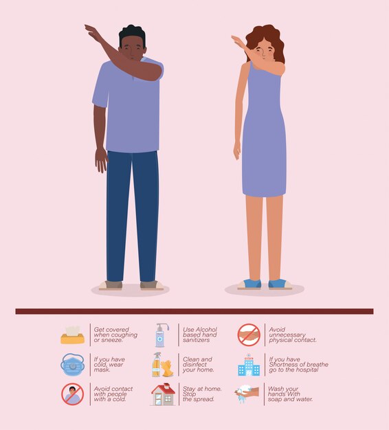 Mujer y hombre estornudando en el codo de 2019 diseño de tipos de prevención de virus ncov de síntomas de enfermedad epidémica covid 19 e ilustración de tema médico