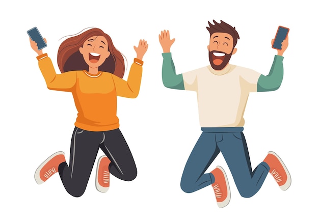 Mujer y hombre felices con teléfonos inteligentes en las manos Gente alegre saltando de alegría Vector