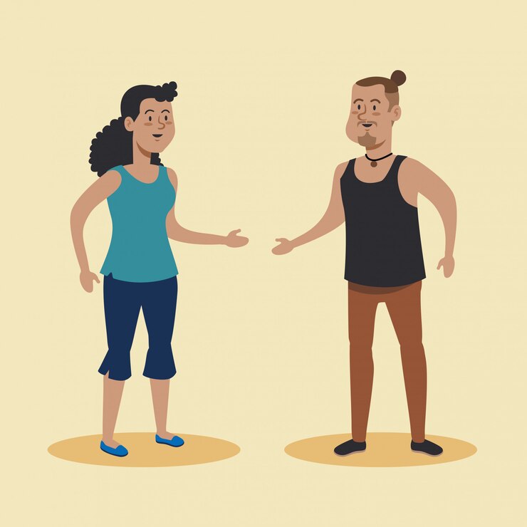 Mujer y hombre hablando con ropa casual