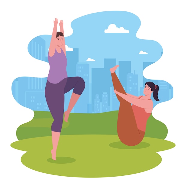 Mujer y hombre haciendo yoga en el diseño del parque, actividad al aire libre y temporada