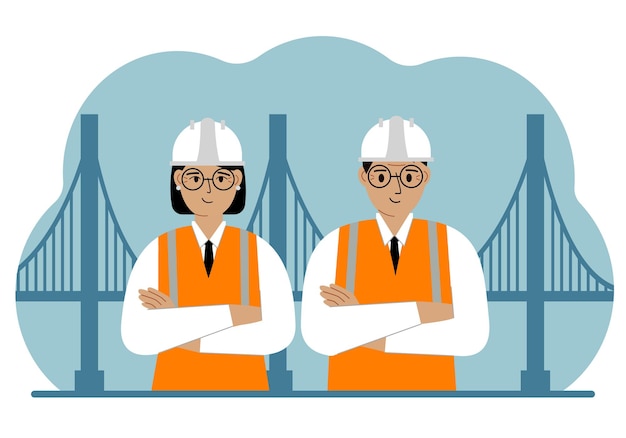 Mujer y hombre ingenieros civiles junto al puente El concepto de ingeniería civil y construcción