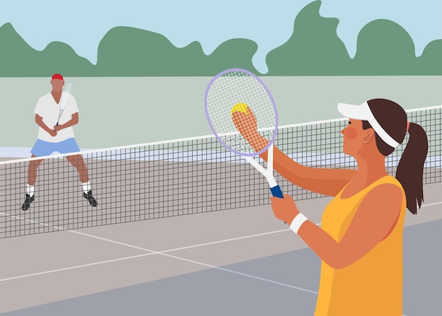 Una mujer y un hombre juegan al tenis Competición de tenis Ilustración vectorial