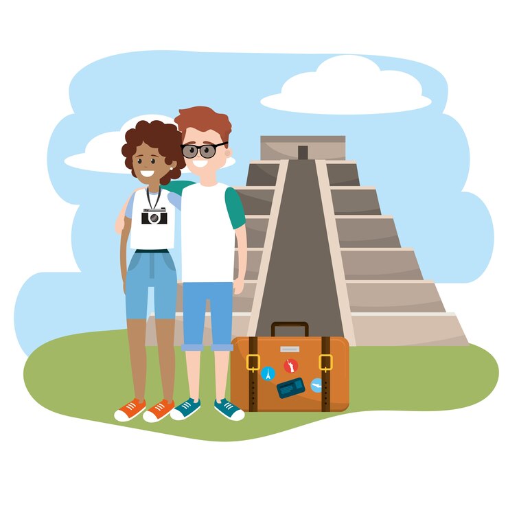 Vector mujer y hombre con maletín de viaje