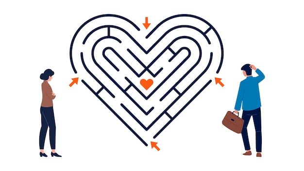 La mujer y el hombre miran el corazón el laberinto del amor la gente de negocios y la relación la gente piensa y busca el camino romántico para amar el concepto vectorial del amor la mujer y el hombre en la ilustración del laberinto