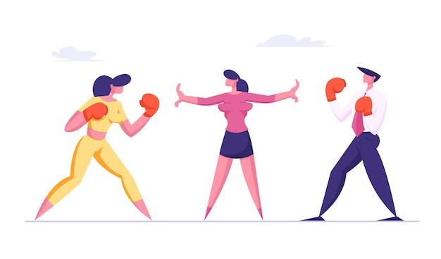 Mujer y hombre de negocios en guantes de boxeo se preparan para luchar esperando que el árbitro dé comienzo