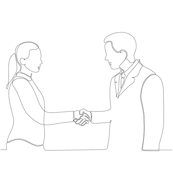 mujer y hombre de negocios de línea continua dándose la mano