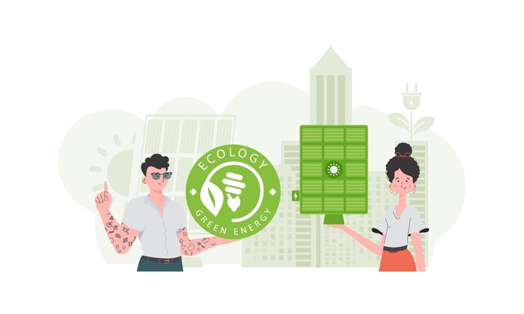 Vector mujer y hombre y panel solar el concepto de energía solar vector
