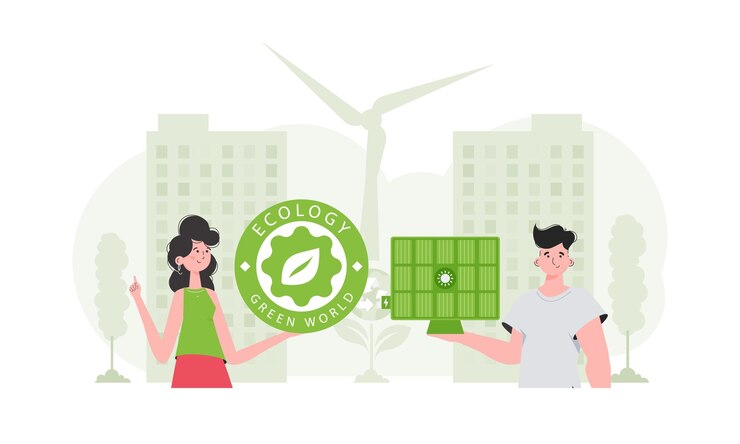 Vector mujer y hombre y panel solar concepto de energía verde vector