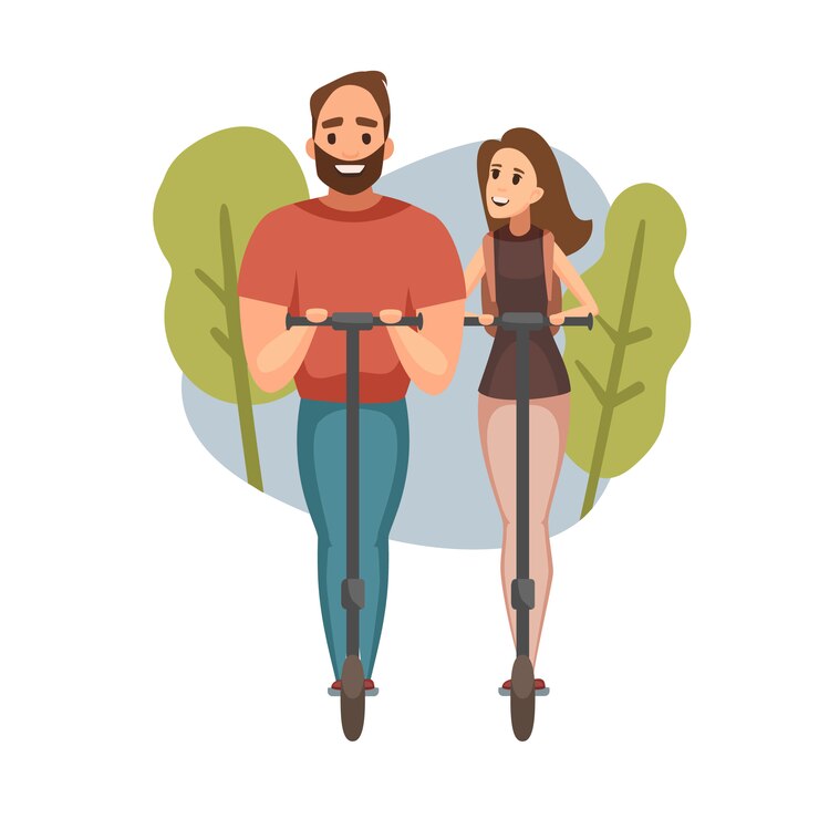 Mujer y hombre riendo mientras conduce Scooter eléctrico. Transporte ecológico moderno. Ilustración de gente de negocios