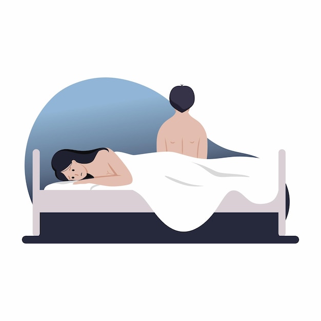 Vector mujer y hombre tristes están acostados en la cama disfunción sexual impotencia y salud del hombre