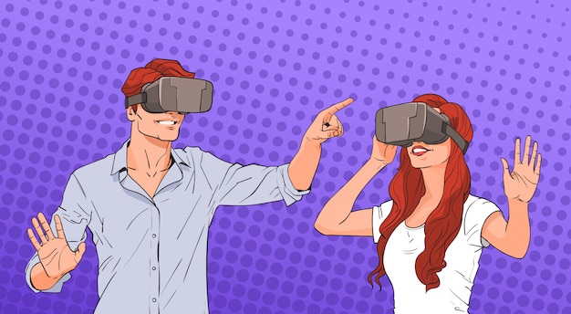 Mujer y hombre usan realidad virtual Gafas digitales Arte pop Colorido Estilo retro