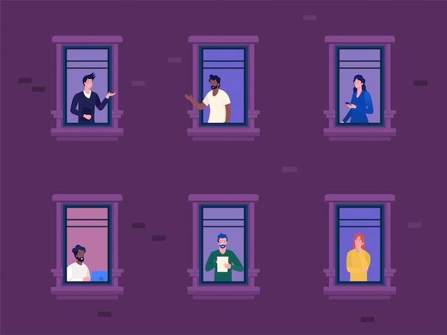 Mujer y hombres que trabajan desde casa durante el concepto de ilustración de vector de brote de Covid 19, distanciamiento social para prevenir el virus de la corona, actividad de personas en otro apartamento, puede usar para, página de inicio, banner