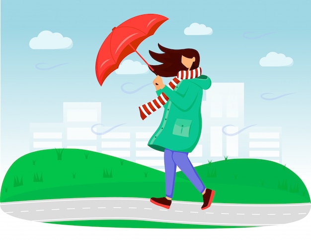 Mujer en la ilustración de color plano impermeable. Clima ventoso. Día lluvioso. Mujer con paraguas. Señora caucásica caminando en bufanda personajes de dibujos animados sin rostro con hierba y cielo sobre fondo