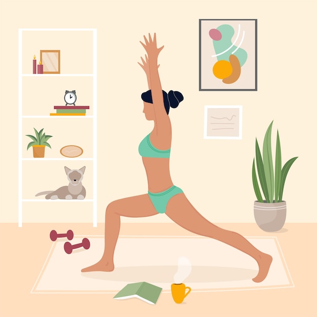 Mujer de ilustración vectorial haciendo yoga o entrenamiento matutino en el interior del hogar