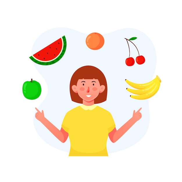 Mujer de ilustración vectorial con selección de frutas