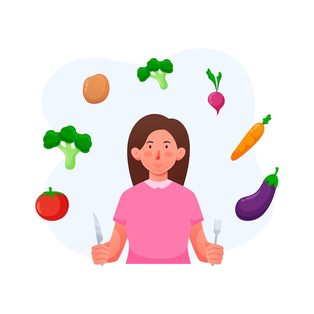 Mujer de ilustración vectorial con selección de verduras