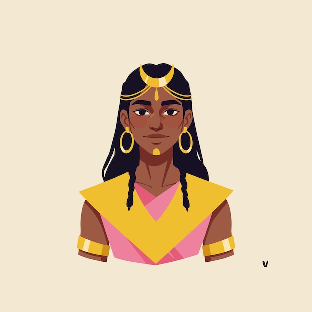 Mujer ilustrada con vestido tradicional con joyas de oro y cabello oscuro