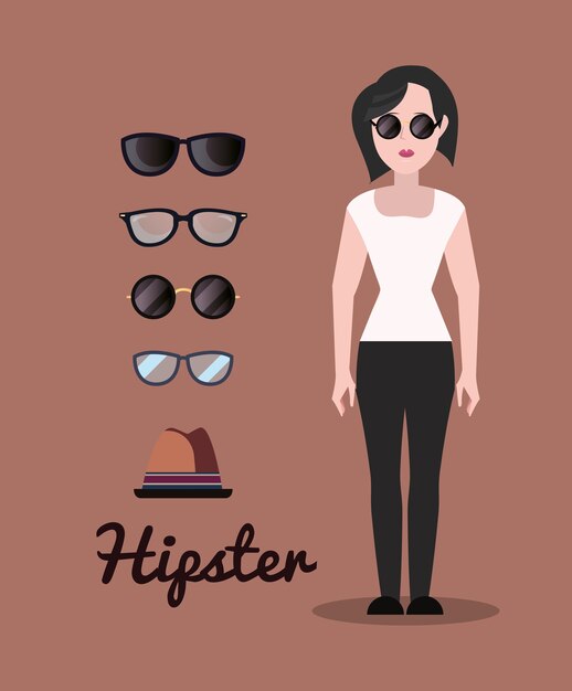 Mujer inconformista de dibujos animados con gafas de sol y accesorios alrededor sobre fondo marrón