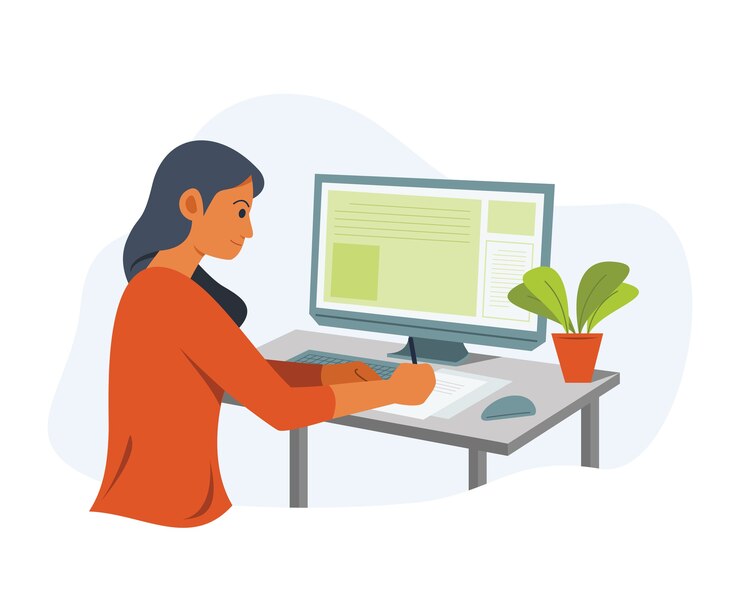 Vector la mujer independiente está trabajando en línea con una computadora de escritorio.
