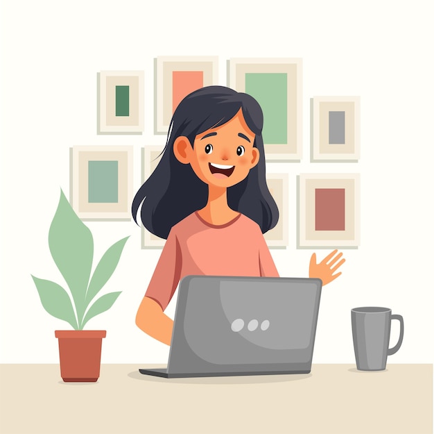 mujer independiente sentada en un escritorio con una computadora portátil trabajando en línea estilo de vida independiente