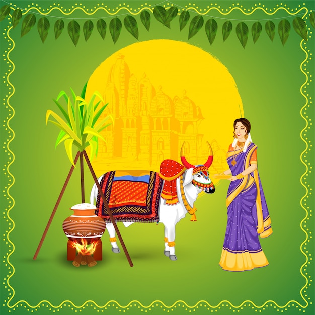 Mujer india con animal OX, caña de azúcar, arroz cocinado en olla de barro y templo en verde para la celebración feliz Pongal.
