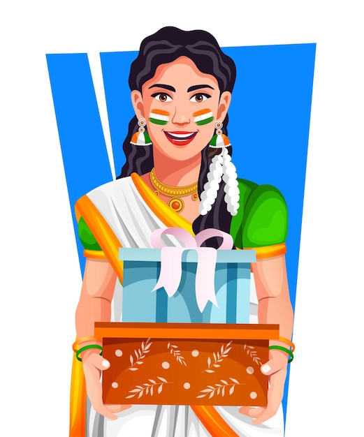 Vector mujer india asiática en un sari sosteniendo regalos con motivo del personaje indio del día de la independencia