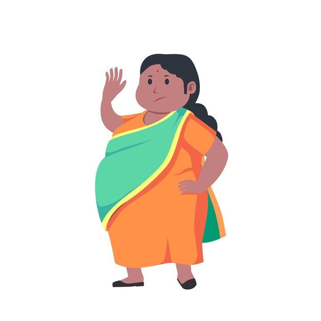 Mujer india con curvas con ropa sari báscula obesa obesidad sobrepeso personaje de ilustración de talla grande