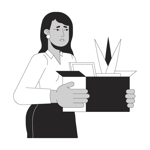 Mujer india deprimida perdiendo el trabajo personaje de dibujos animados en 2D en blanco y negro