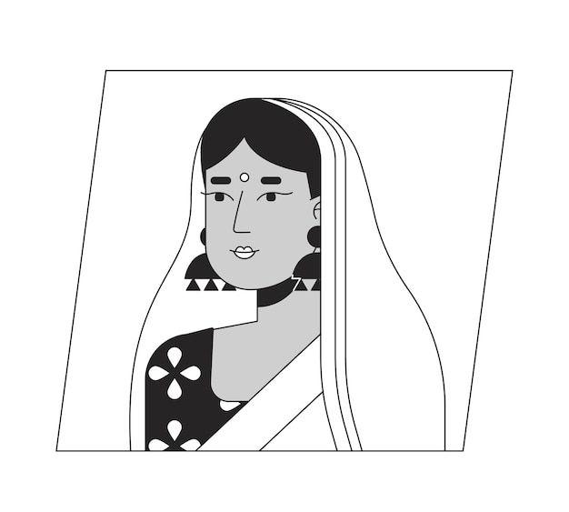 Mujer india joven en sari icono de avatar de dibujos animados en blanco y negro Personaje 2D editable Retrato de usuario Ilustración plana lineal Perfil de cara vectorial Contorno cabeza y hombros de la persona