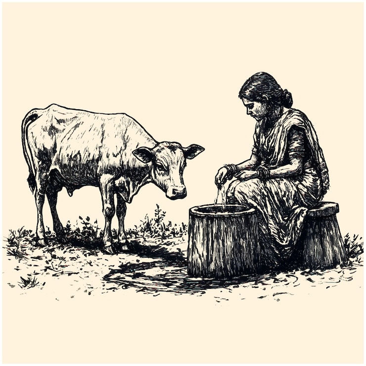 Una mujer india ordeña una vaca en un entorno rural