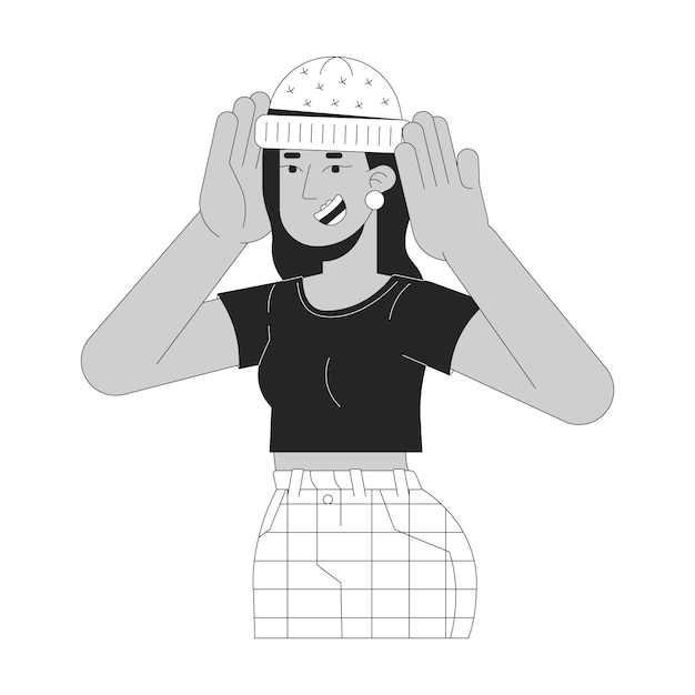 Mujer india positiva con sombrero personaje de dibujos animados en línea 2D en blanco y negro