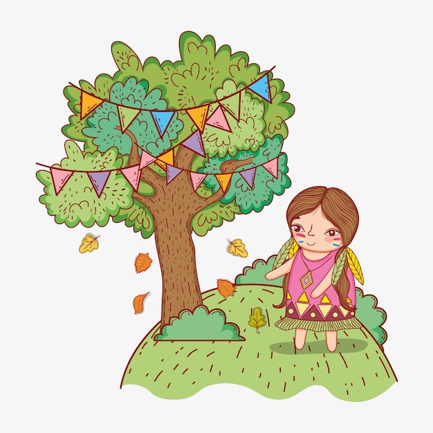 Mujer indígena y árbol con banderas de fiesta.