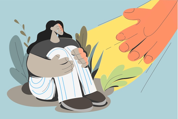 Vector mujer infeliz llorando sintiéndose deprimida necesita ayuda