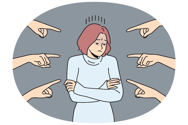 Mujer infeliz rodeada de numerosas manos apuntando