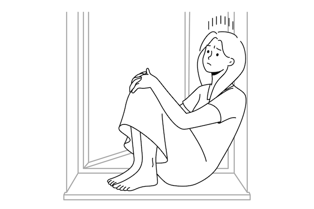 Mujer infeliz sentada en el alféizar de la ventana sufre de soledad