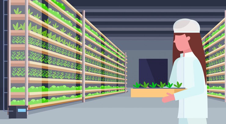 Vector mujer ingeniero agrónomo en uniforme sosteniendo plantas en macetas moderno vertical orgánico granja interior agricultura industria concepto horizontal retrato