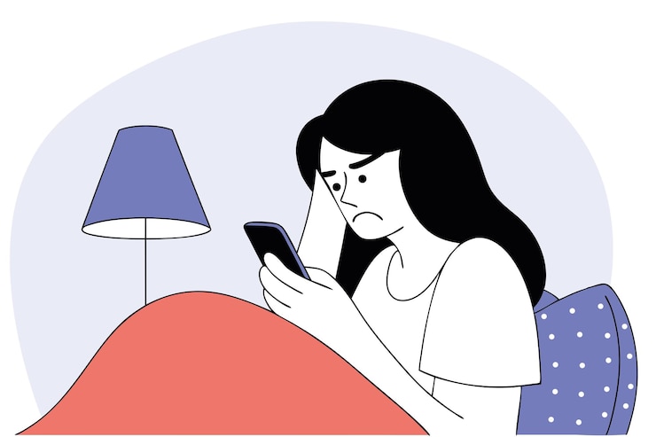 Vector mujer con insomnio acostada en la cama desplazándose por el teléfono inteligente trastorno del sueño problema mental